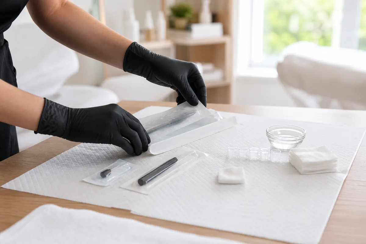 Praticienne préparant son plan de travail avant une séance de maquillage permanent des sourcils