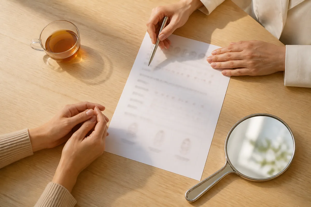 Consultation en institut, questionnaire de santé rempli sur une table claire