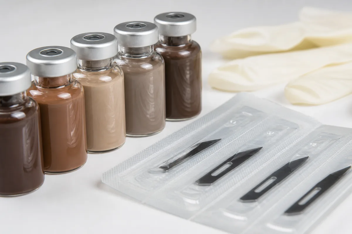 Flacons de pigments étiquetés et matériel stérile à usage unique sur un plan de travail